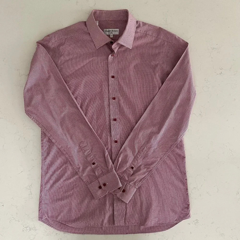 Harry Rosen Slim Lg Slv Button Down 100% Cotton Check Shirt Red + White Sz 16.5
